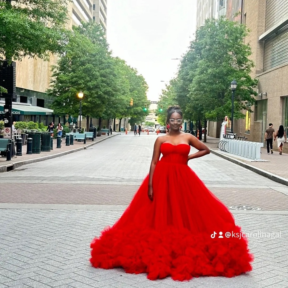 Tarik Ediz Red Strapless Ruffled Gown - Picture 3 of 5